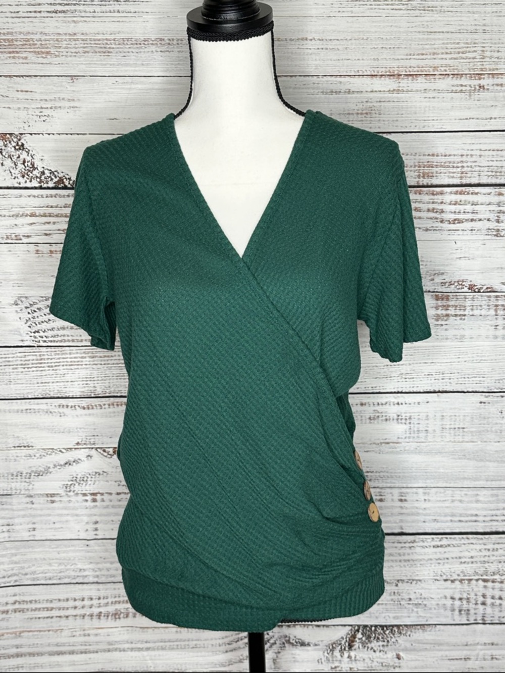 Deep Green Short-Sleeve Surplice Top with Side Button Accent